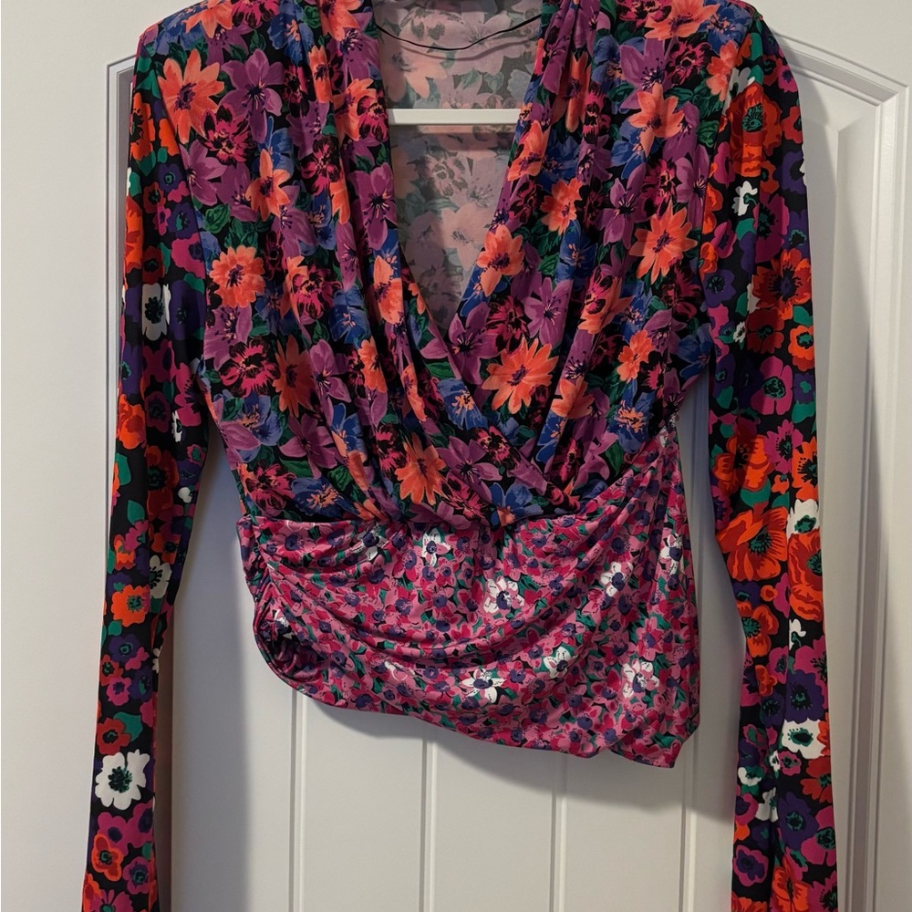 Zara Blue and Red Wrap Blouse with Ruched Long Sleeves